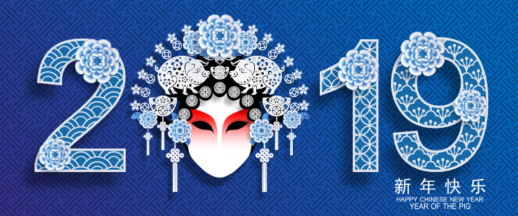 Design gráfico de ano novo de 2019 em porcelana chinesa azul e branca estilo